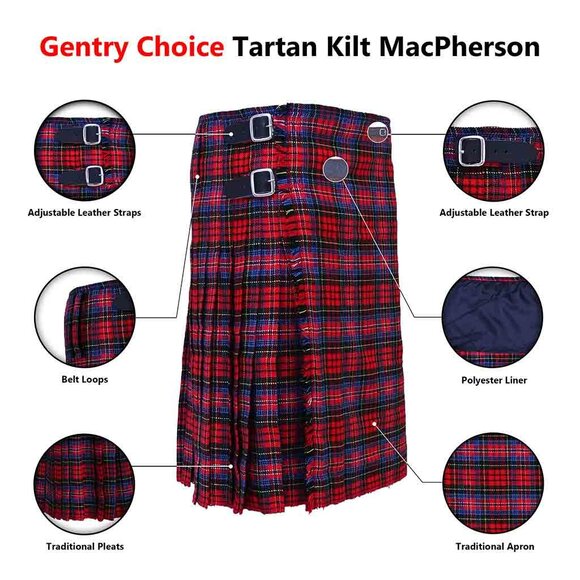 Tartan Kilt MacPherson 8 Yards Scottish Men’s Highland Dress - Picture 7 of 8